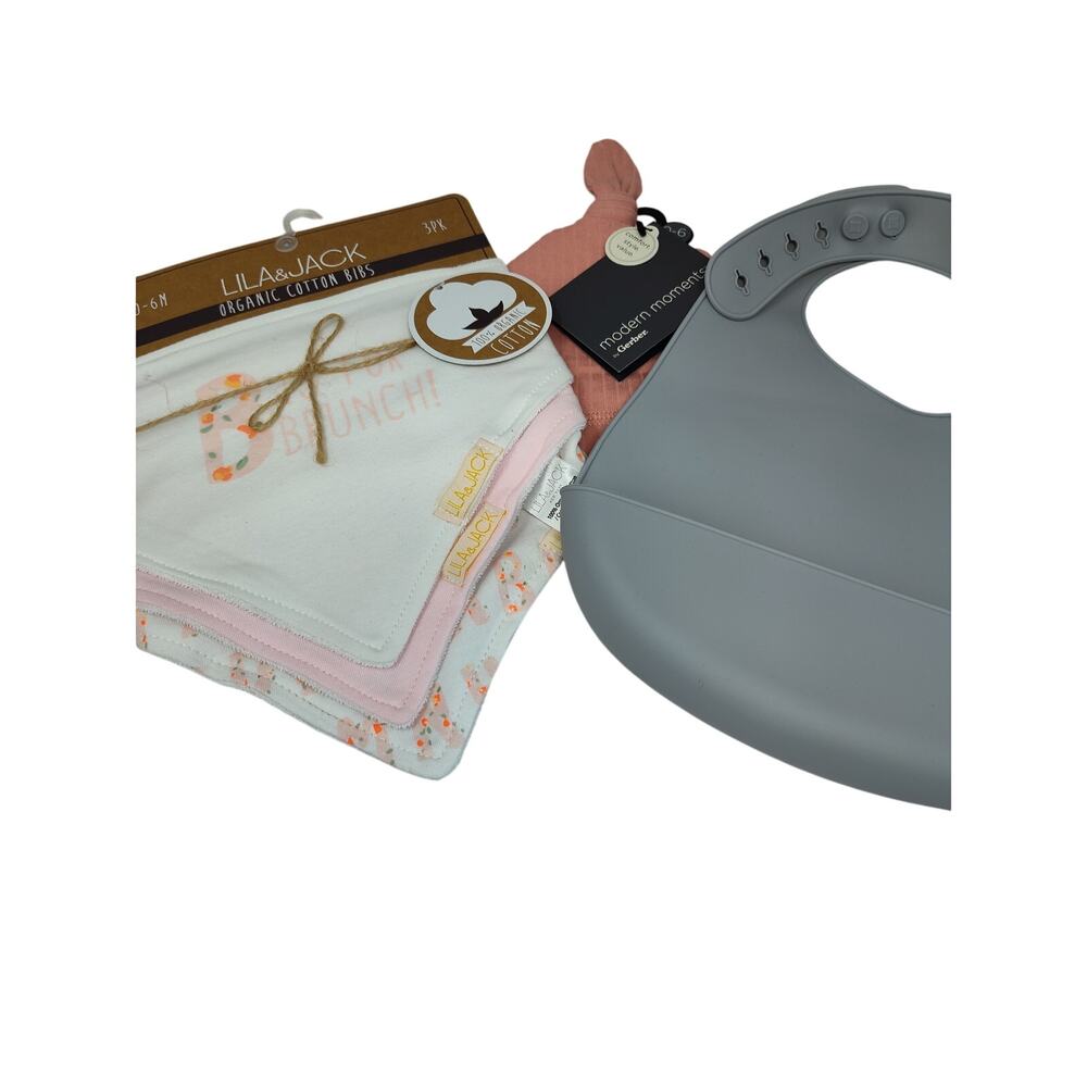 Baby Bundle - Gray Bib, Organic Cotton Bibs, Hat 0-6M